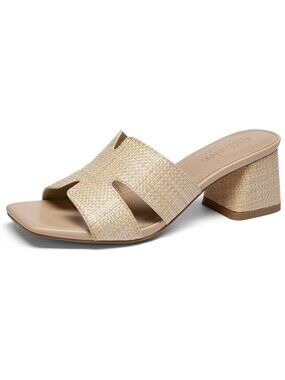 Women's Raffia Square Open Toe Sandals Block Chunky Heels Slip on Casual Shoes